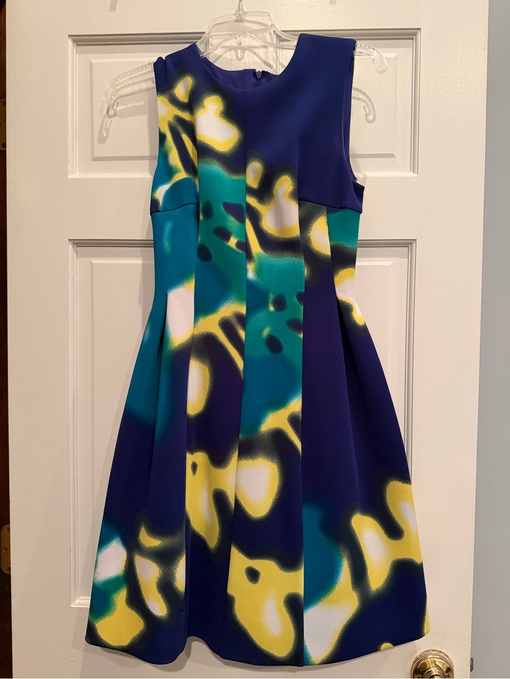 Calvin Klein Navy, Teal & Yellow Sleeveless Fit-and-Flare Sheath Dress